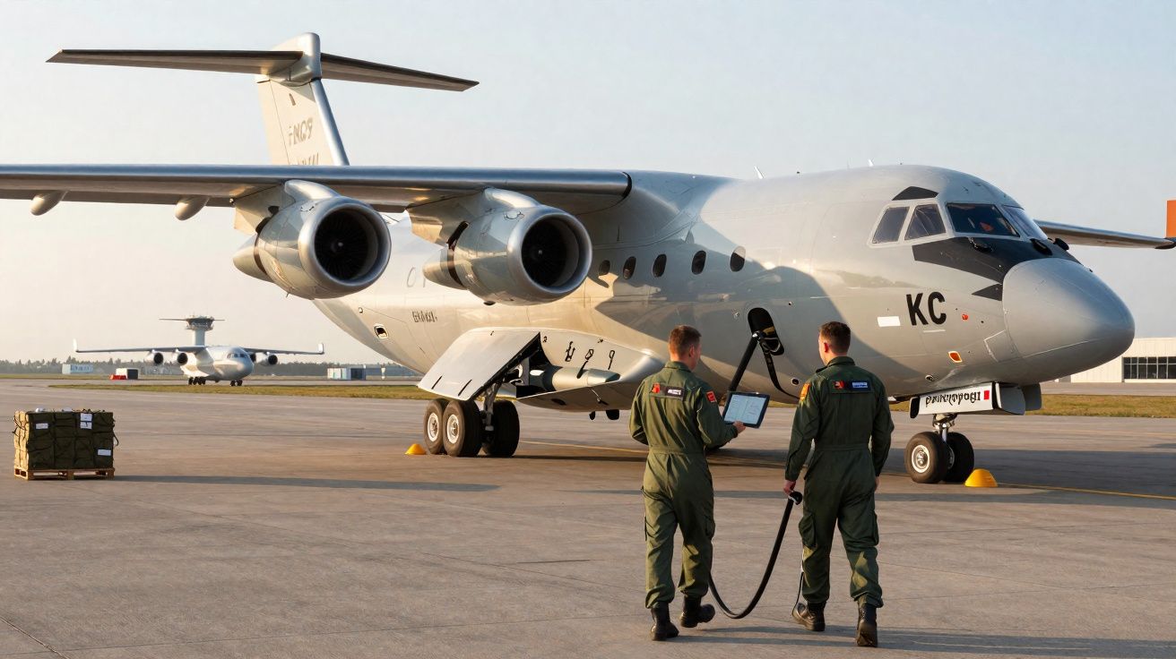 Dois técnicos militares em uniforme junto a um avião militar no aeroporto ao pôr do sol.
