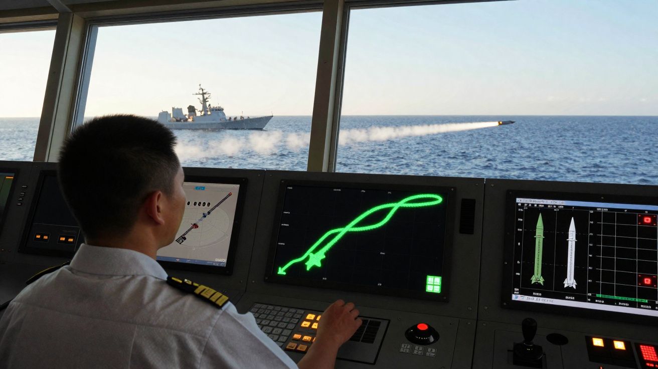 Militar numa estação de controlo naval com ecrãs, enquanto um navio lança um míssil sobre o mar.