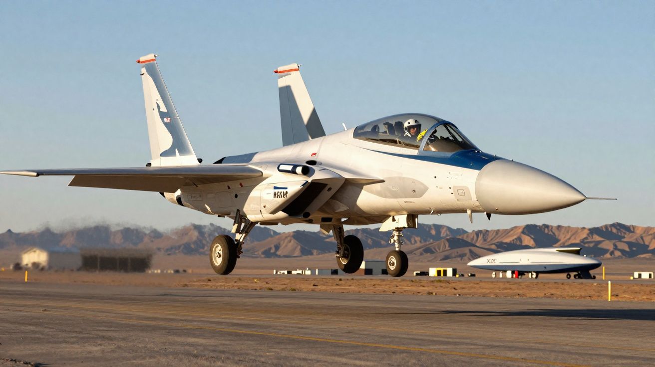 Caça militar a jacto branco em fase de descolagem numa pista com montanhas ao fundo.