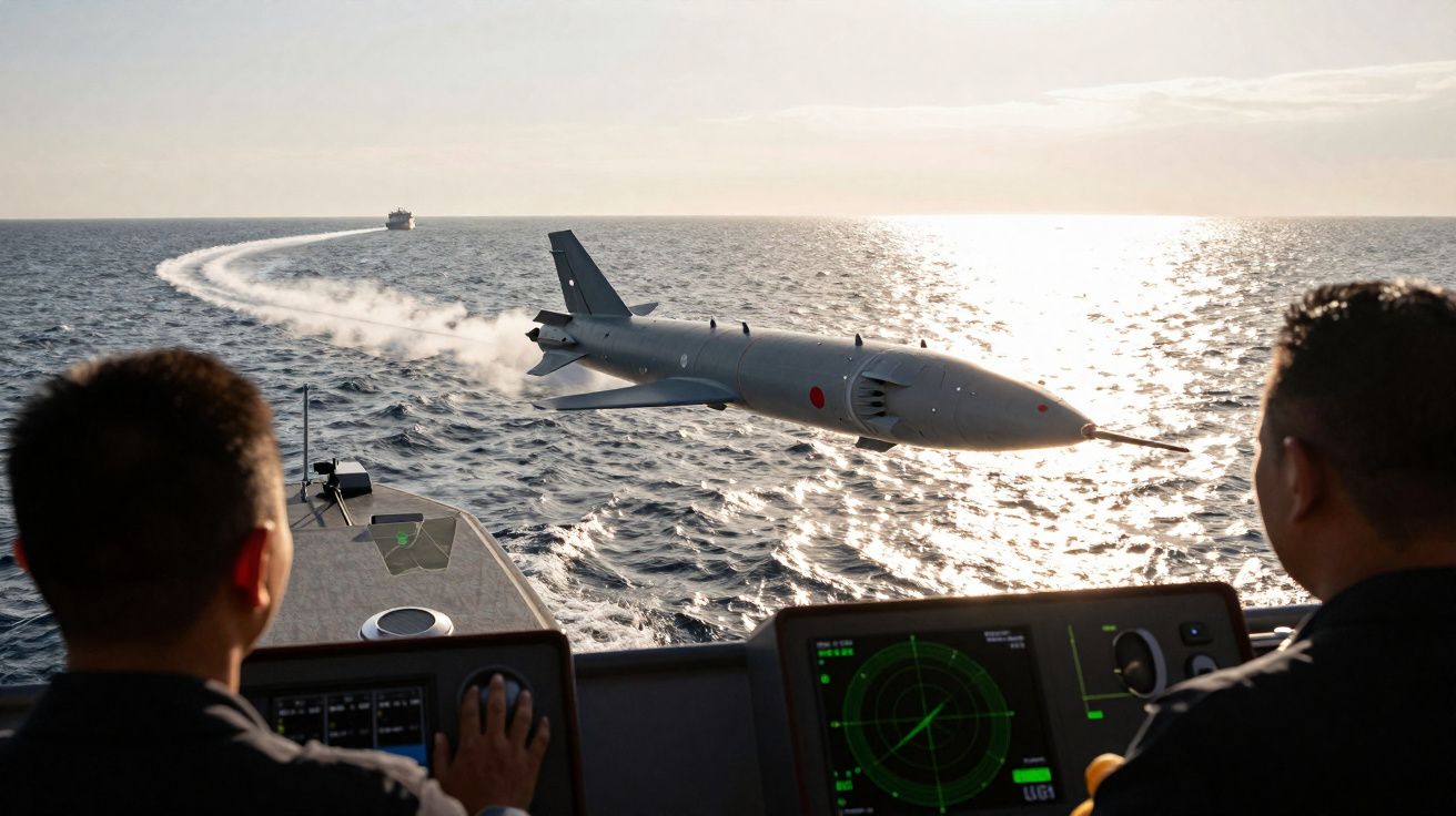 Dois operadores em embarcação naval observam drone subaquático a emergir do mar ao pôr do sol.