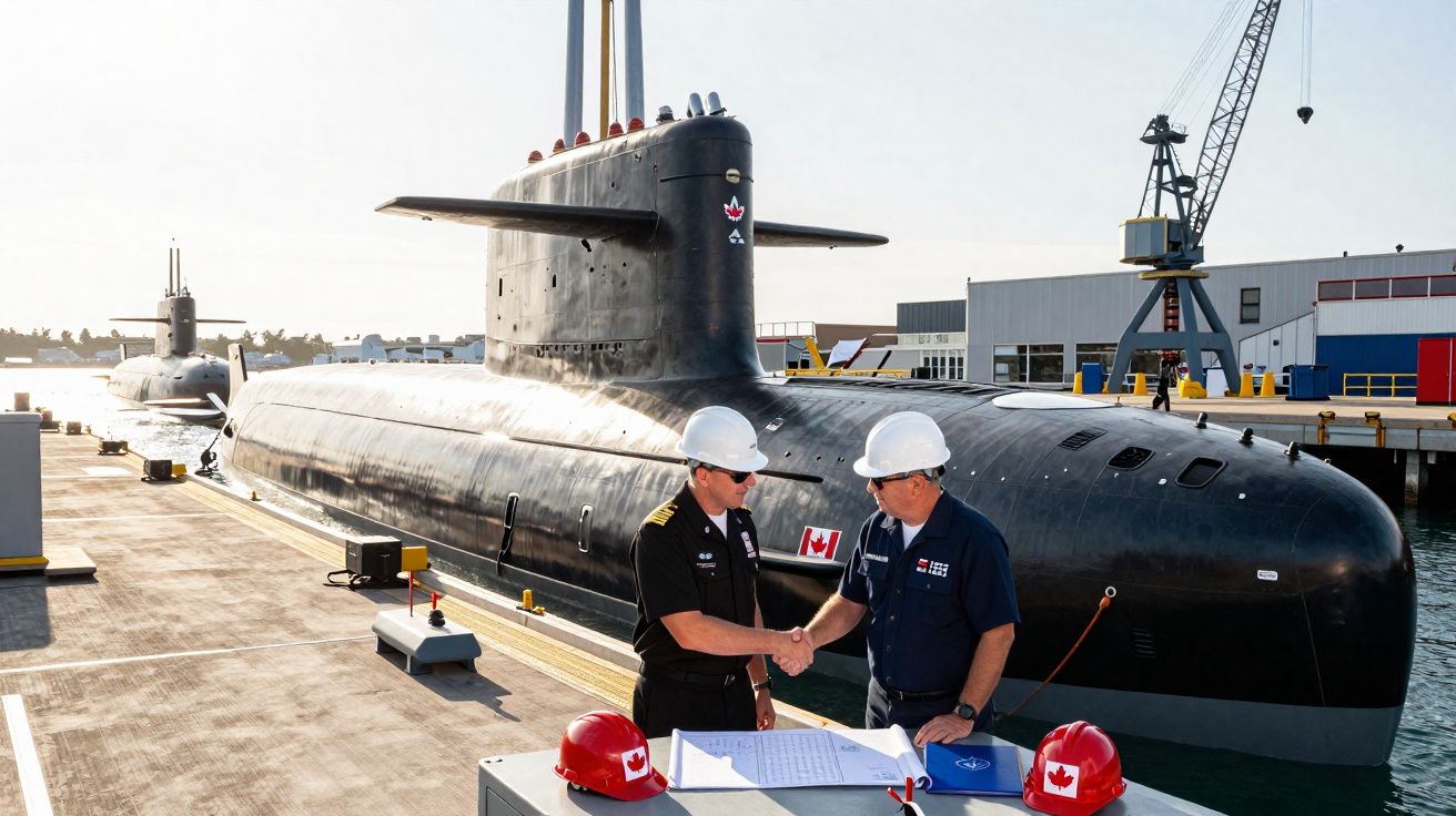 Dois homens com capacetes a apertar as mãos num cais junto a um submarino negro com bandeira do Canadá.