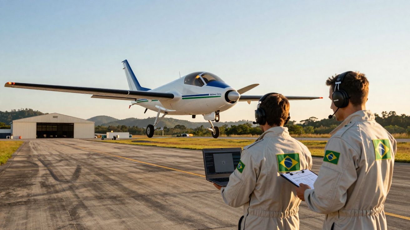 Avião a aterrar numa pista com dois técnicos brasileiros a observar e controlar a operação.