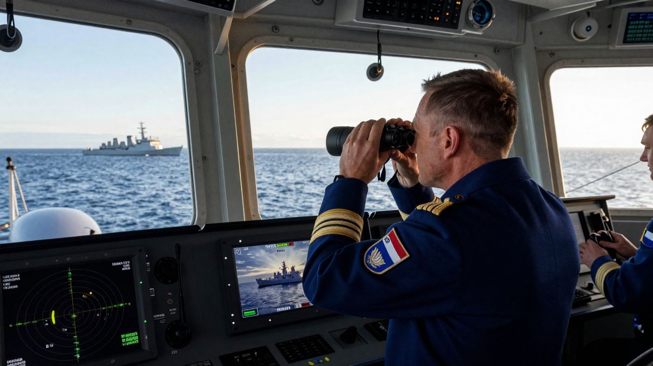 Oficial naval observa com binóculos navio distante através da janela da ponte de comando do navio.