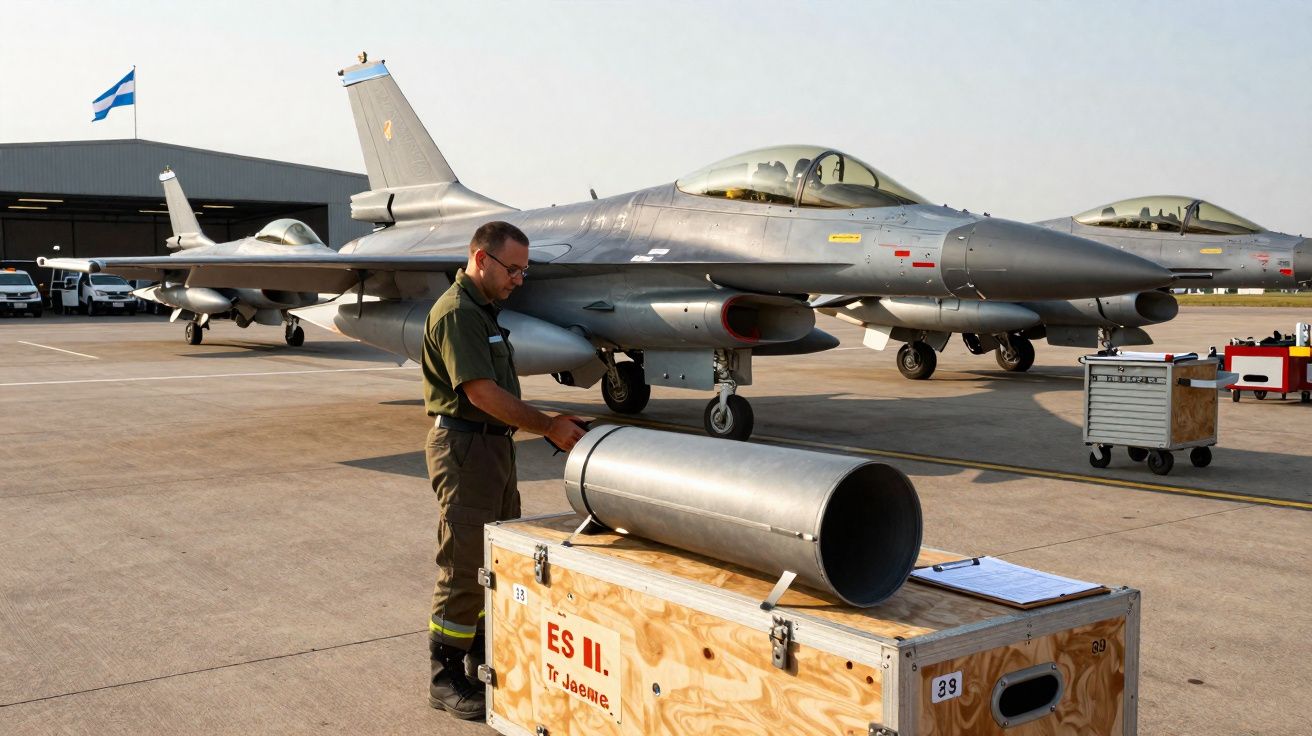 Militar junto a caixa de madeira e jactos F-16 na pista de uma base aérea.