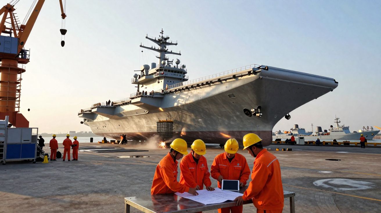 Quatro trabalhadores com capacetes amarelos e fatos laranja a analisar planos junto a um porta-aviões num porto.