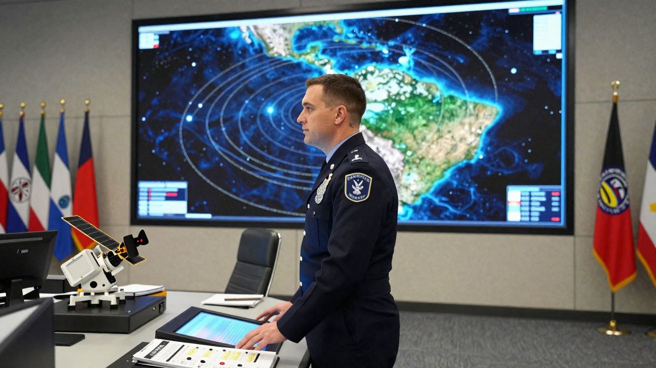 Homem em uniforme militar observa terminal com imagem digital de satélite e mapas de territórios na parede.