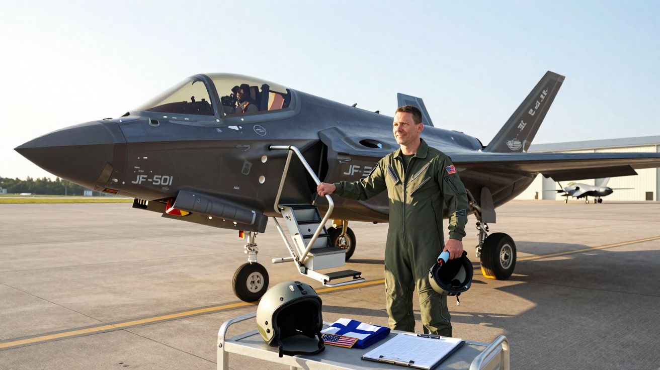 Piloto militar em fato verde junto a caça furtivo cinzento estacionado num aeroporto com capacetes e bandeiras numa mesa.