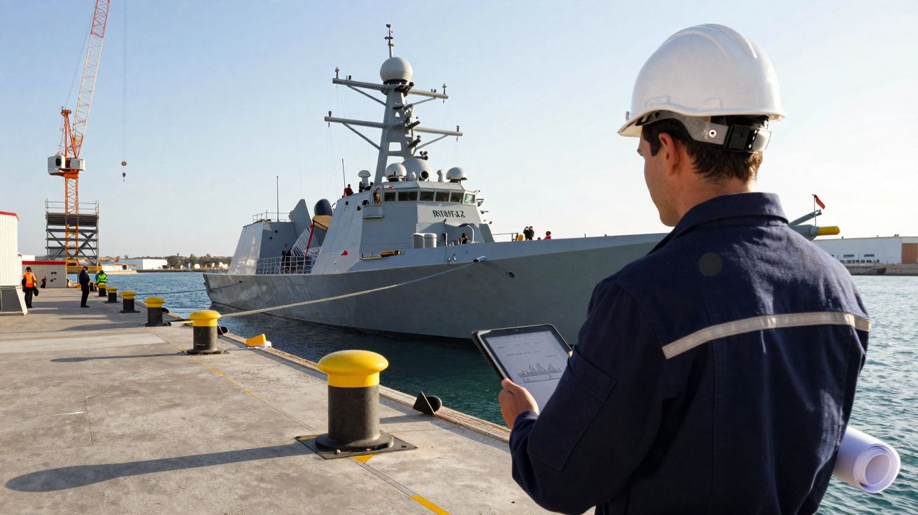 Trabalhador com capacete branco e tablet frente a um destróier atracado num porto industrial.