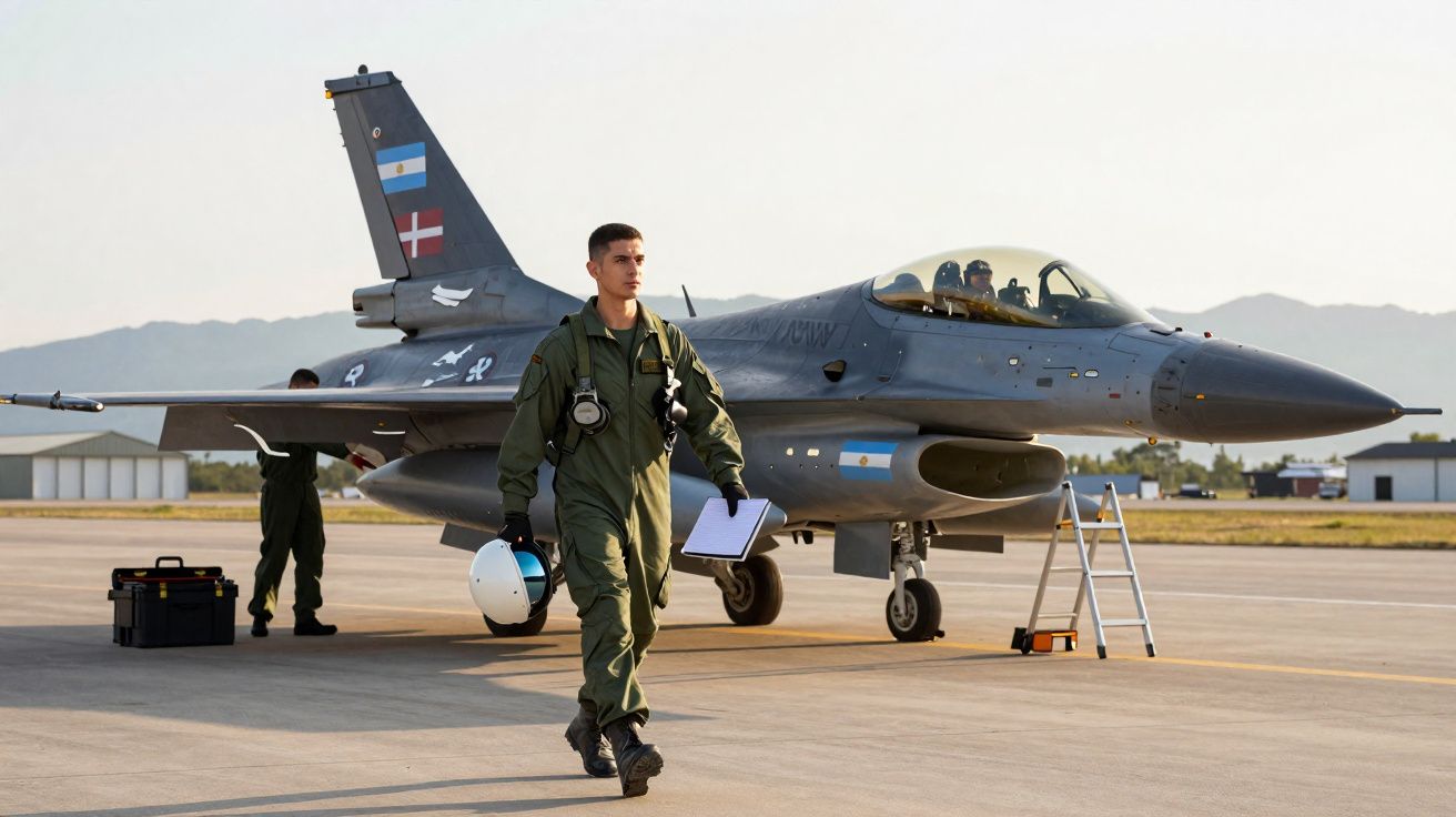 Piloto militar com fato verde caminha perto de caça F-16 estacionado em pista de aeroporto militar.