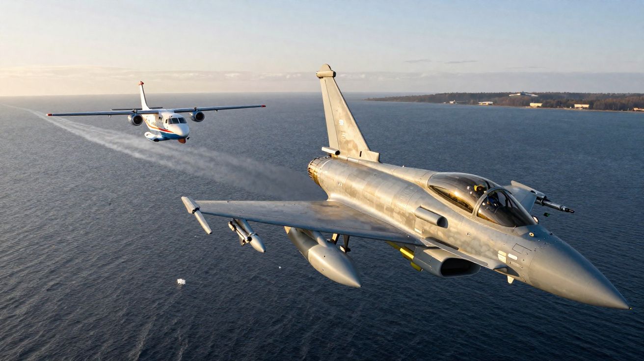 Dois aviões militares a sobrevoar o mar com céu limpo e linha costeira ao fundo.