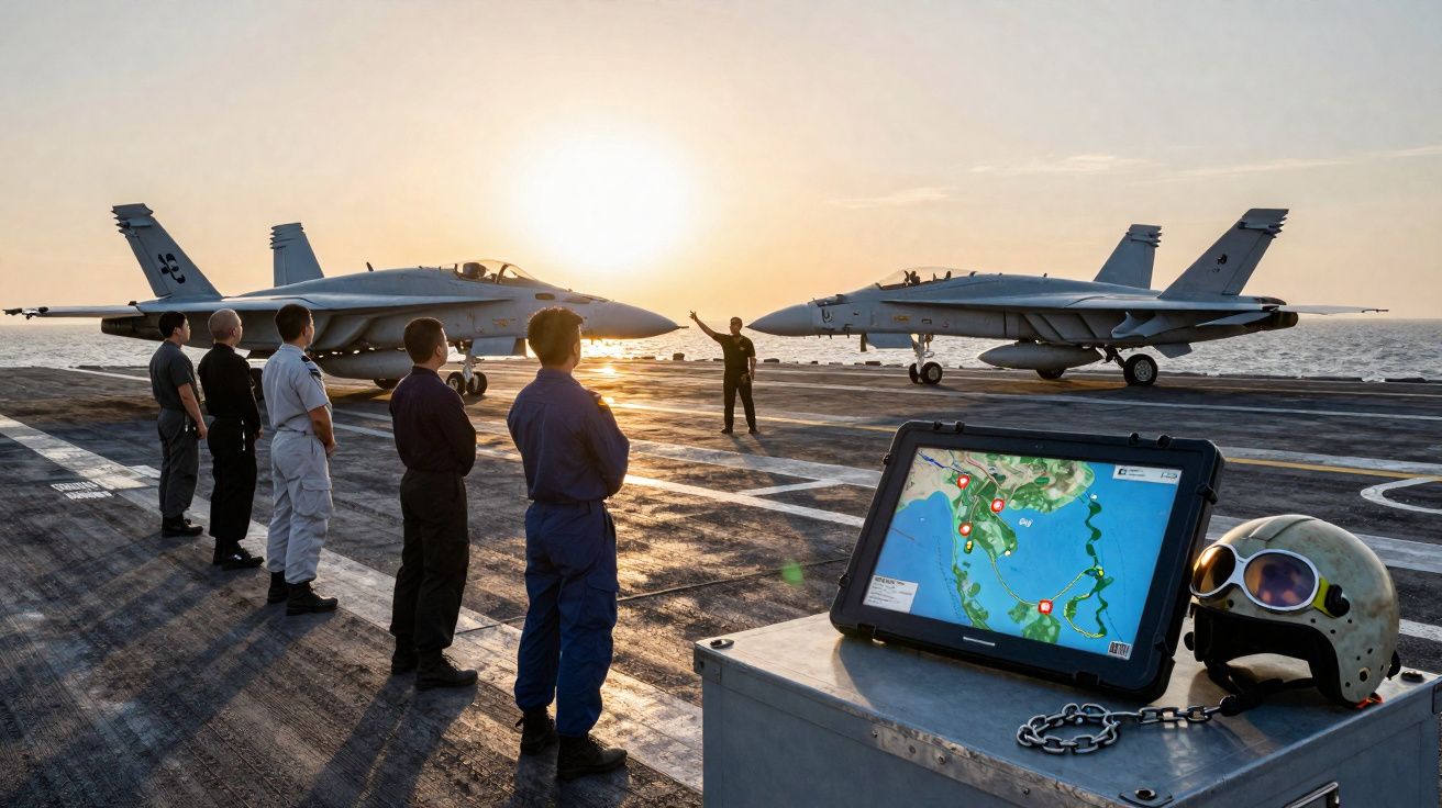 Pessoal militar na pista de um porta-aviões com dois caças e uma mesa com um tablet a mostrar um mapa e um capacete.