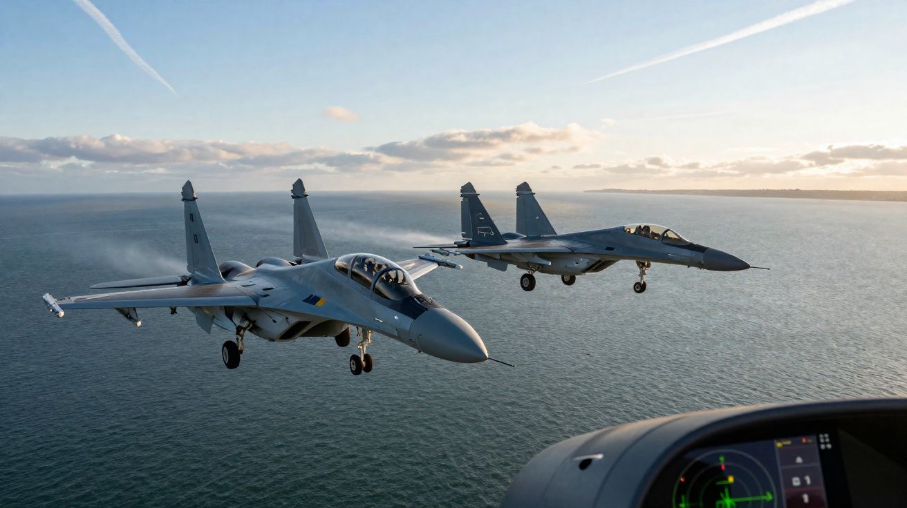 Dois jatos militares a voar sobre o mar ao pôr do sol, visto de outro avião próximo.