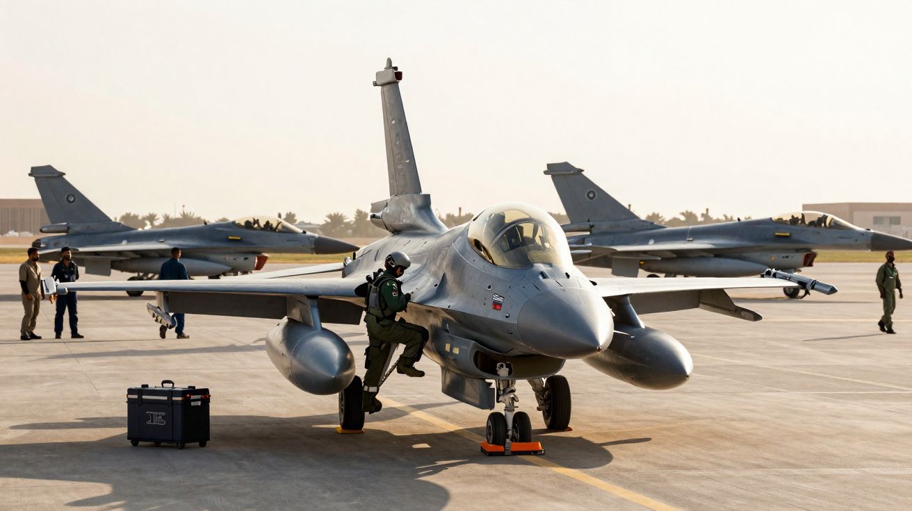 Caça militar estacionado no solo com piloto a entrar na cabine e outros aviões e pessoas ao fundo.