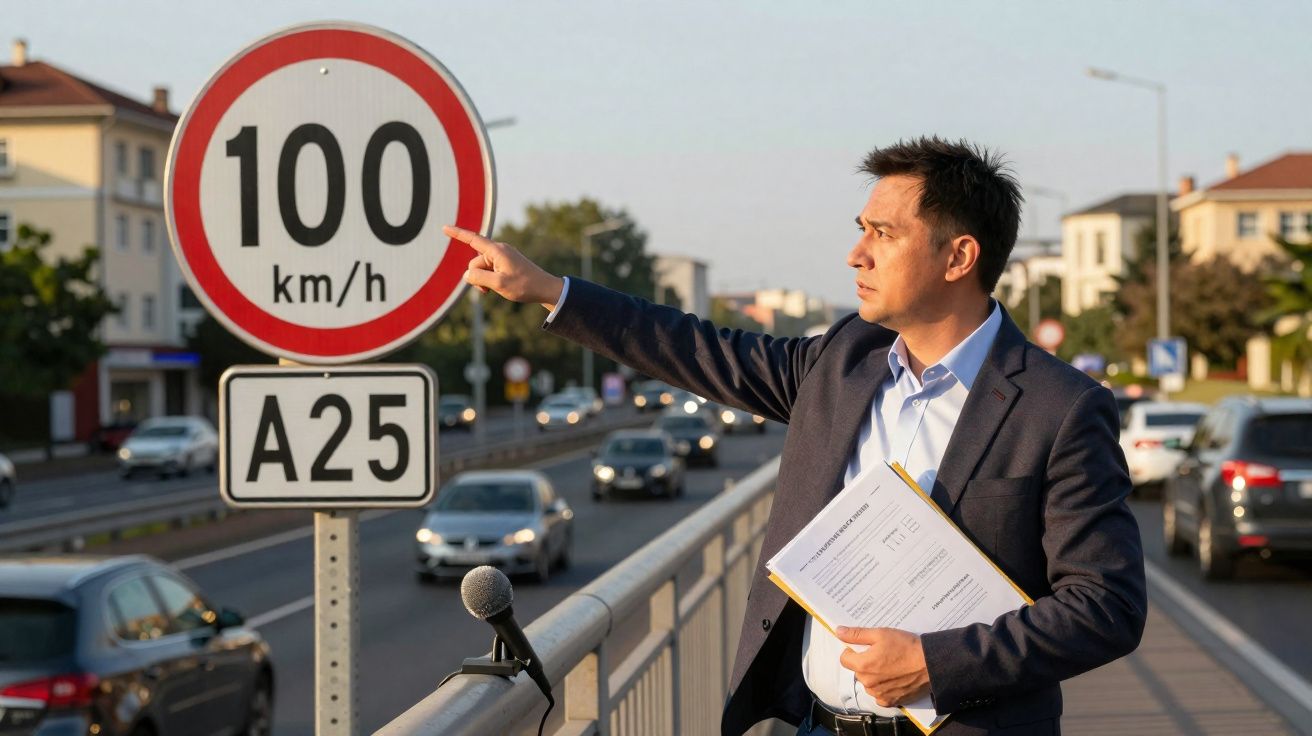 Homem de fato azul aponta para sinal de velocidade máxima 100 km/h em estrada movimentada A25.