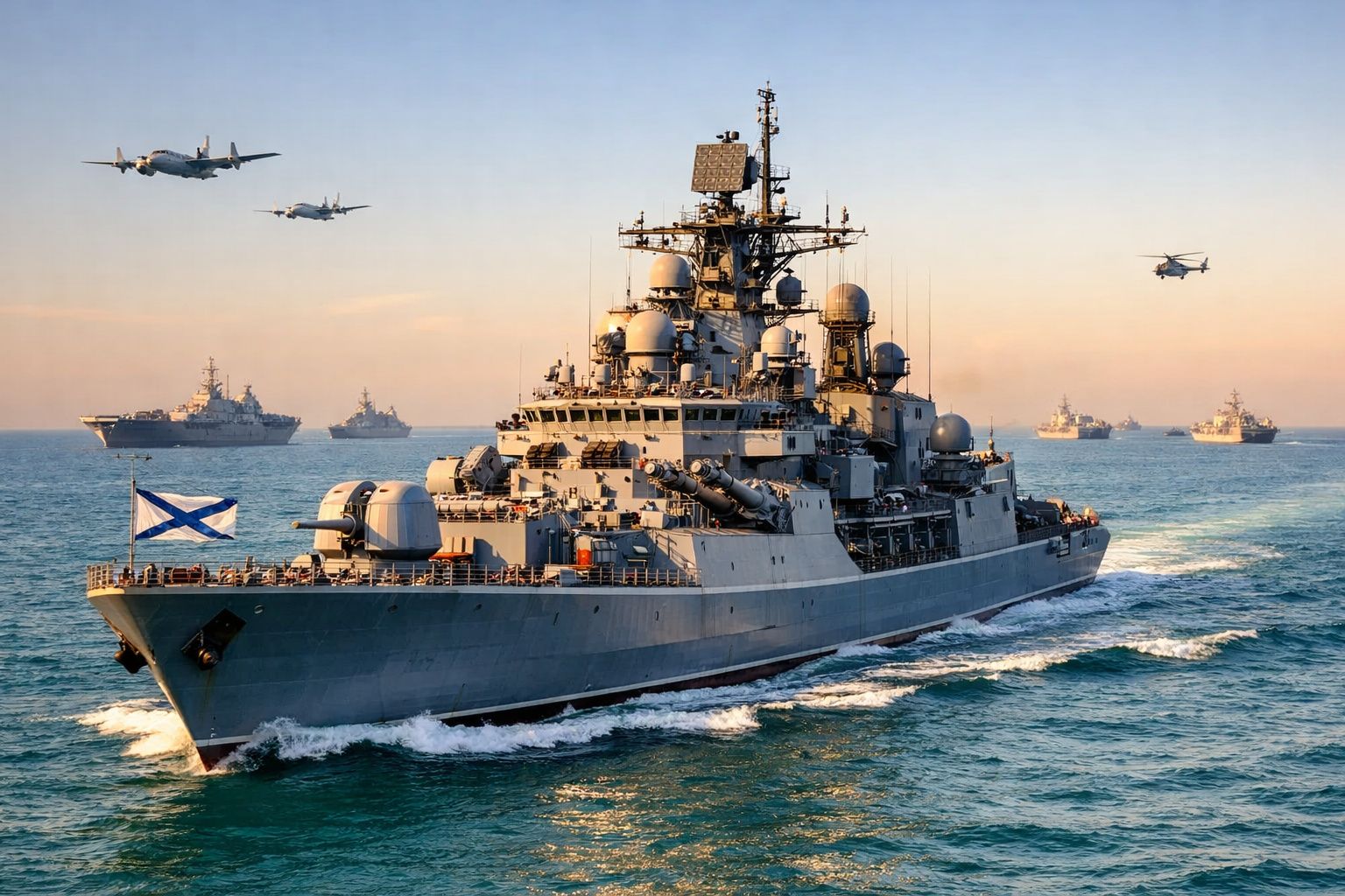 Navio de guerra russo em mar com outros navios e aviões militares no céu ao pôr do sol.