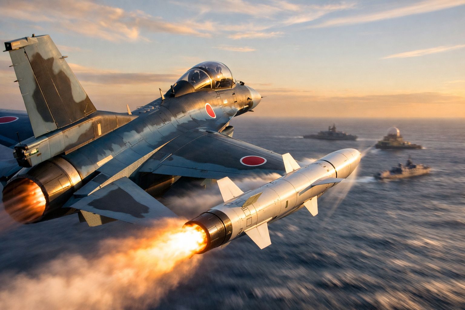 Caça militar japonês a disparar míssil sobre o mar ao pôr do sol, com navios de guerra ao longe.