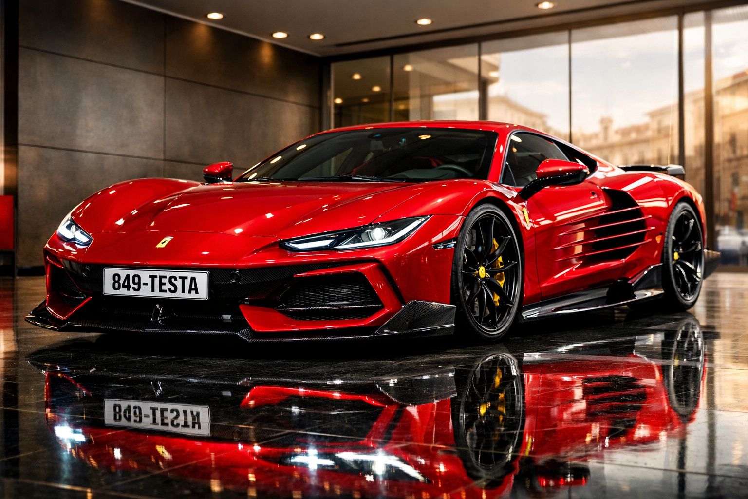 Carro desportivo Ferrari vermelho brilhante estacionado num piso polido com reflexo visível.
