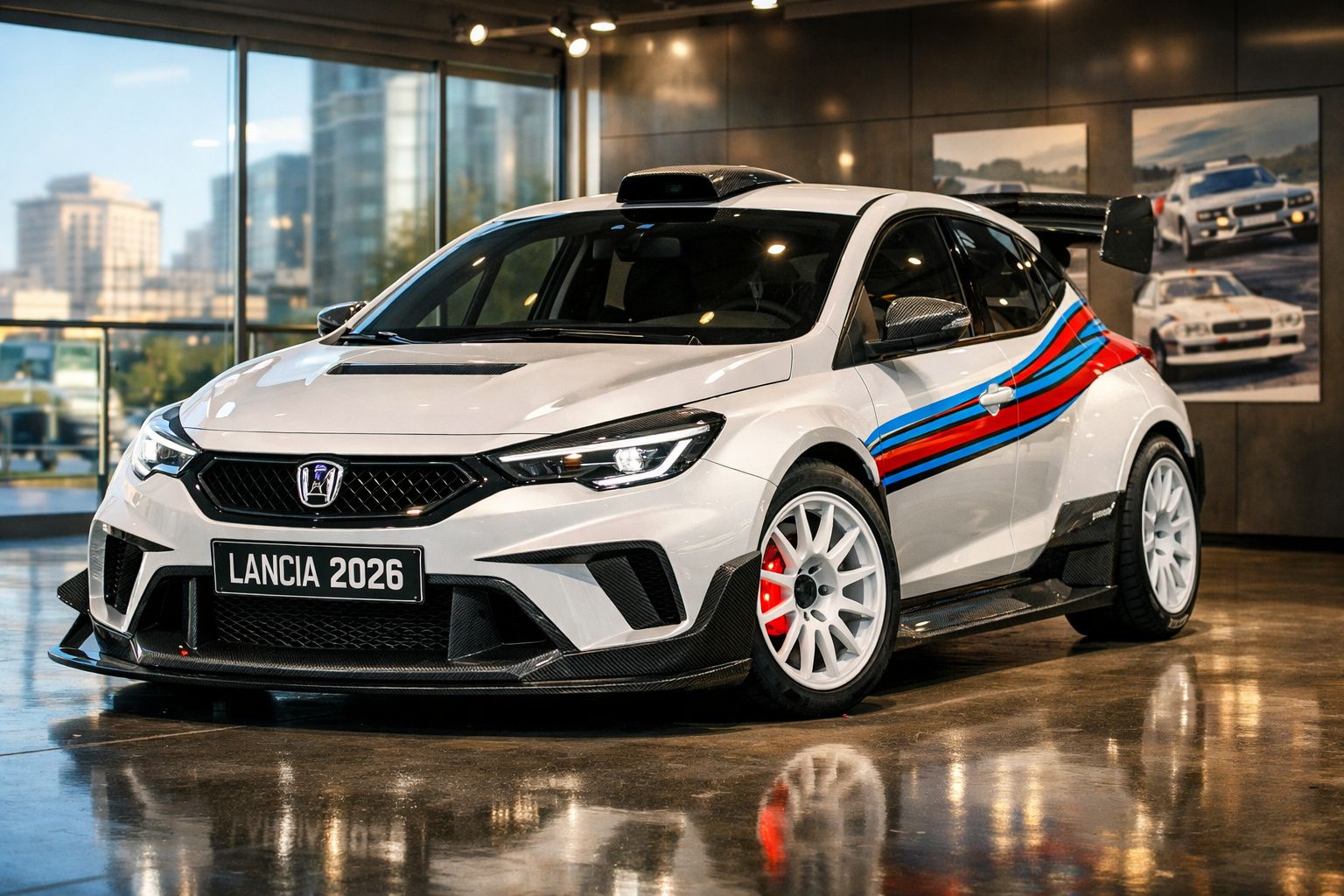 Carro rally Lancia branco com faixas azuis e vermelhas, refletido no chão de cimento polido.