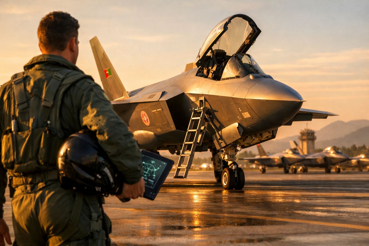 Piloto militar com capacete e tablet observa caça F-35 em pista de aeroporto ao pôr do sol.